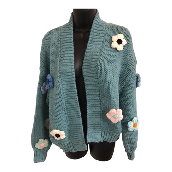 Blue Crochet embroidered blue white pink rosebuds open‎ front oversized cardigan - Picture 12 of 17